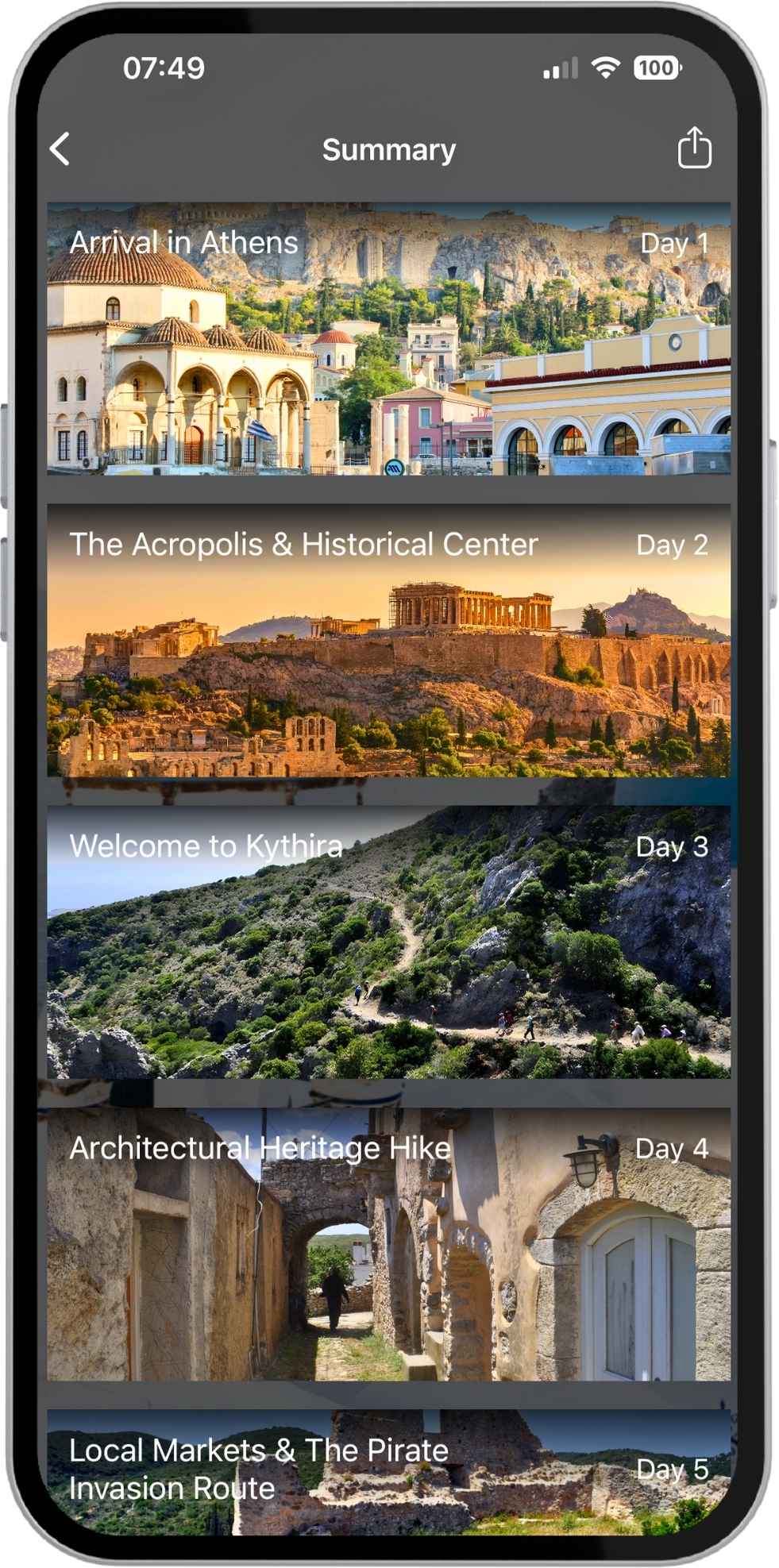 Hike Greece Digital Itinerary Summary A detailed itinerary summary view within the Hike Greece digital navigation app - Hike Greece